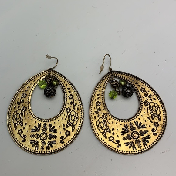 Boho Gold Tone and Green Enamel Drop Earrings - Picture 5 of 5